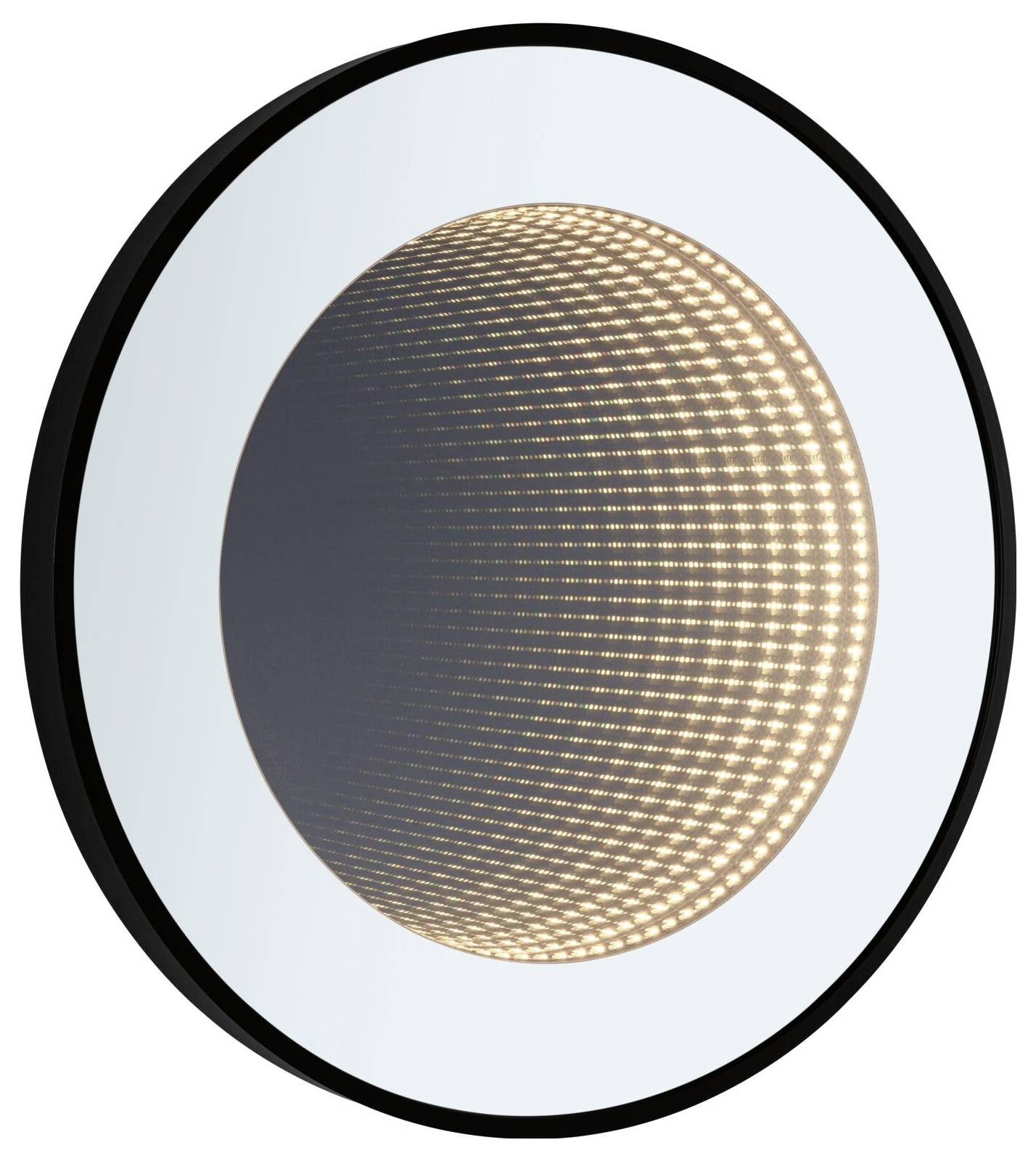 Okrągłe lustro z efektem świetlnym: Pozornie nieskończona głębia zostaje stworzona przez odbite, okrągłe światła.