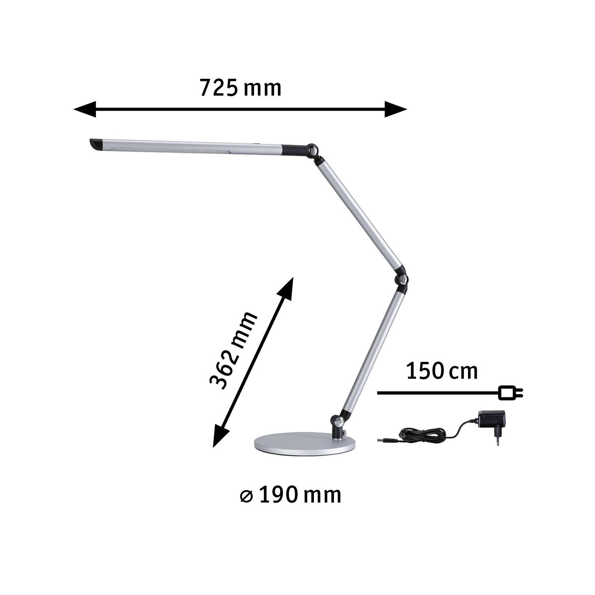 Nowoczesna lampa biurkowa LED z metalu o wymiarach: długość 725 mm, wysokość 362 mm, średnica podstawy 190 mm. Przewód o długości 150 cm.