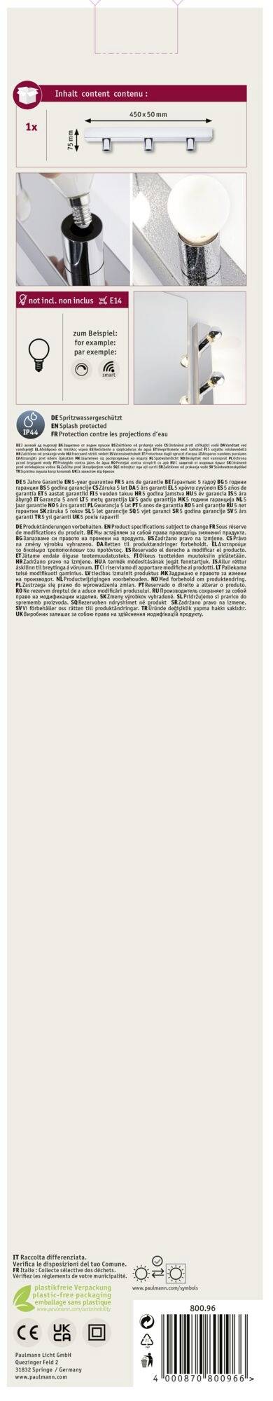 Opakowanie lampy LED przedstawia żarówkę oraz szczegóły techniczne, takie jak moc, klasa energetyczna i instrukcje montażowe.