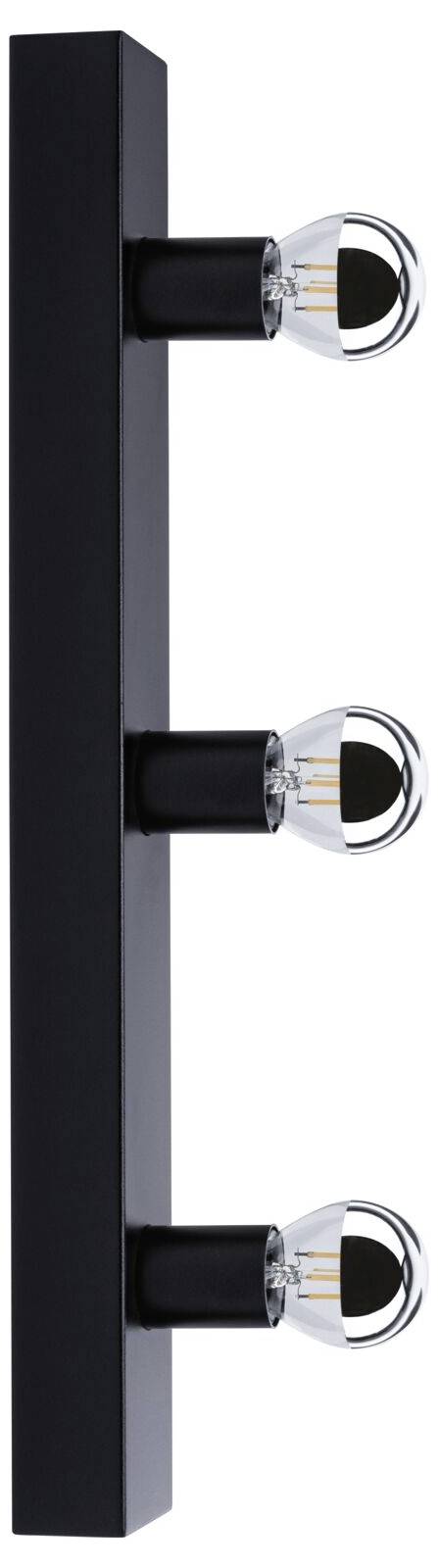 Czarna kinkiet ścienny z trzema transparentnymi żarówkami, ułożonymi w pionie. Nowoczesny design, idealny do oświetlenia wnętrz.