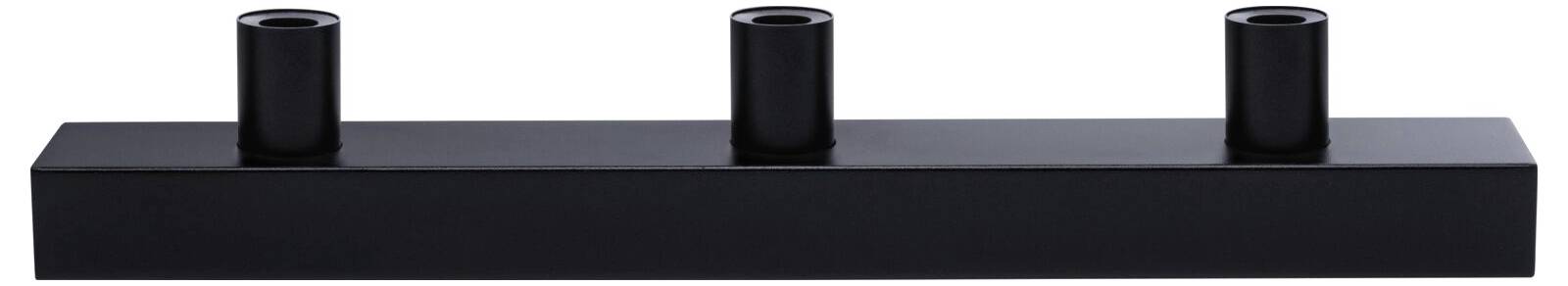 Czarny, prostokątny świecznik z trzema okrągłymi uchwytami na świece, o minimalistycznym designie.