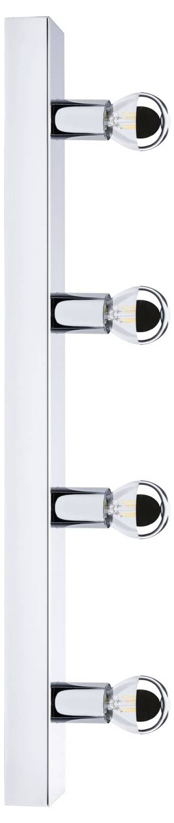 Kinkiet z czterema żarówkami ustawionymi w pionie. Chromowane wykończenie z przezroczystymi żarówkami, idealnie komponujący się z nowoczesnym wystrojem wnętrz.