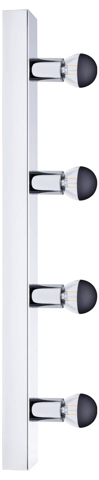 Chromowana lampa ścienna z czterema okrągłymi żarówkami skierowanymi na zewnątrz, ułożonymi w pionie.