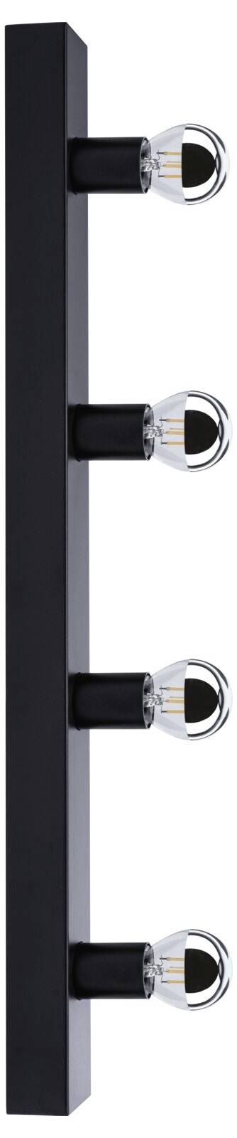 Czarna, pionowa lampa z czterema równomiernie rozmieszczonymi oprawkami żarówek w nowoczesnym stylu.