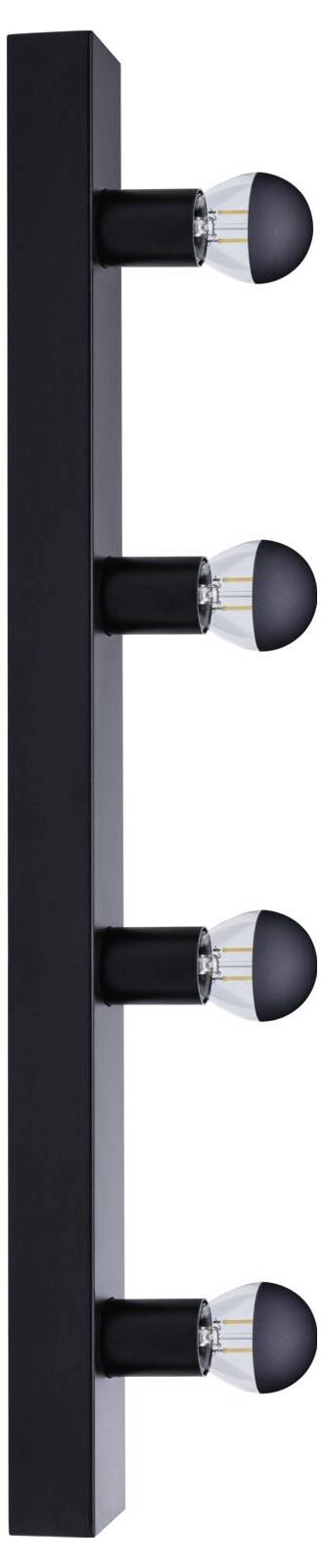 Czarna lampa ścienna z czterema żarówkami skierowanymi na zewnątrz, ułożonymi w pionie. Nowoczesny, minimalistyczny design.