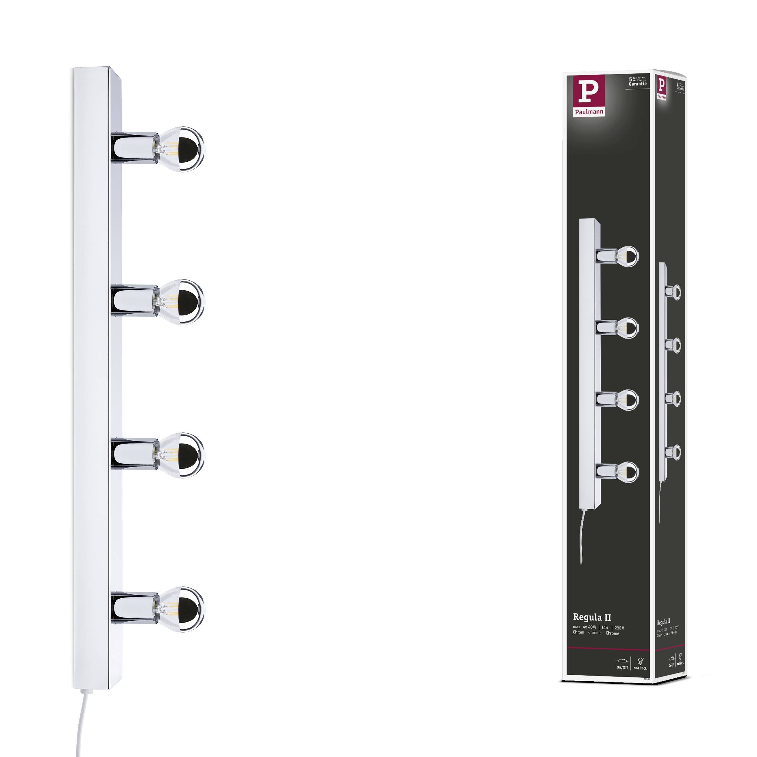 Poczwórny kinkiet w nowoczesnym stylu z białymi i chromowanymi elementami, odpowiedni do oświetlenia powierzchniowego we wnętrzach. Opakowanie prezentuje zdjęcie produktu.