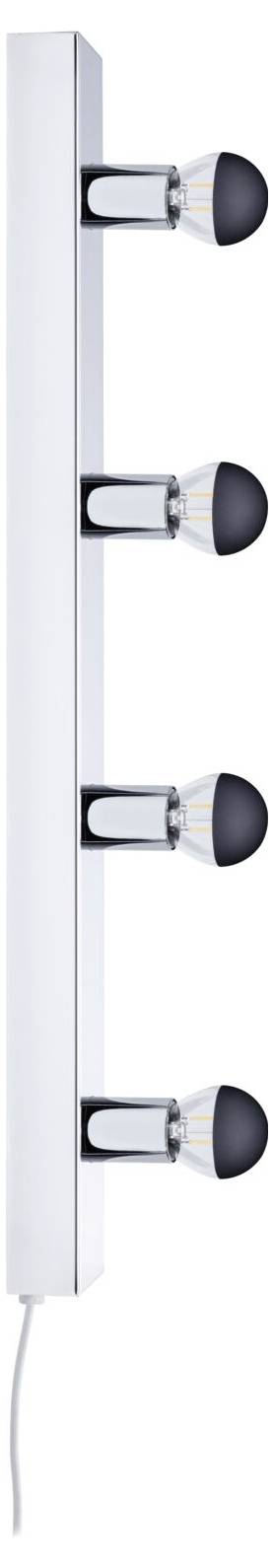 Chromowany kinkiet ścienny z czterema okrągłymi czarnymi kloszami ustawionymi pionowo. Idealny do oświetlania pomieszczeń.