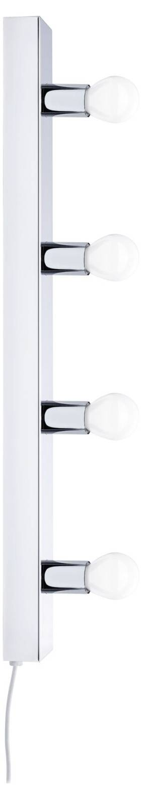 Cztery białe żarówki są zamontowane pionowo na wąskiej, srebrnej oprawie, z przewodem przy dolnej krawędzi.