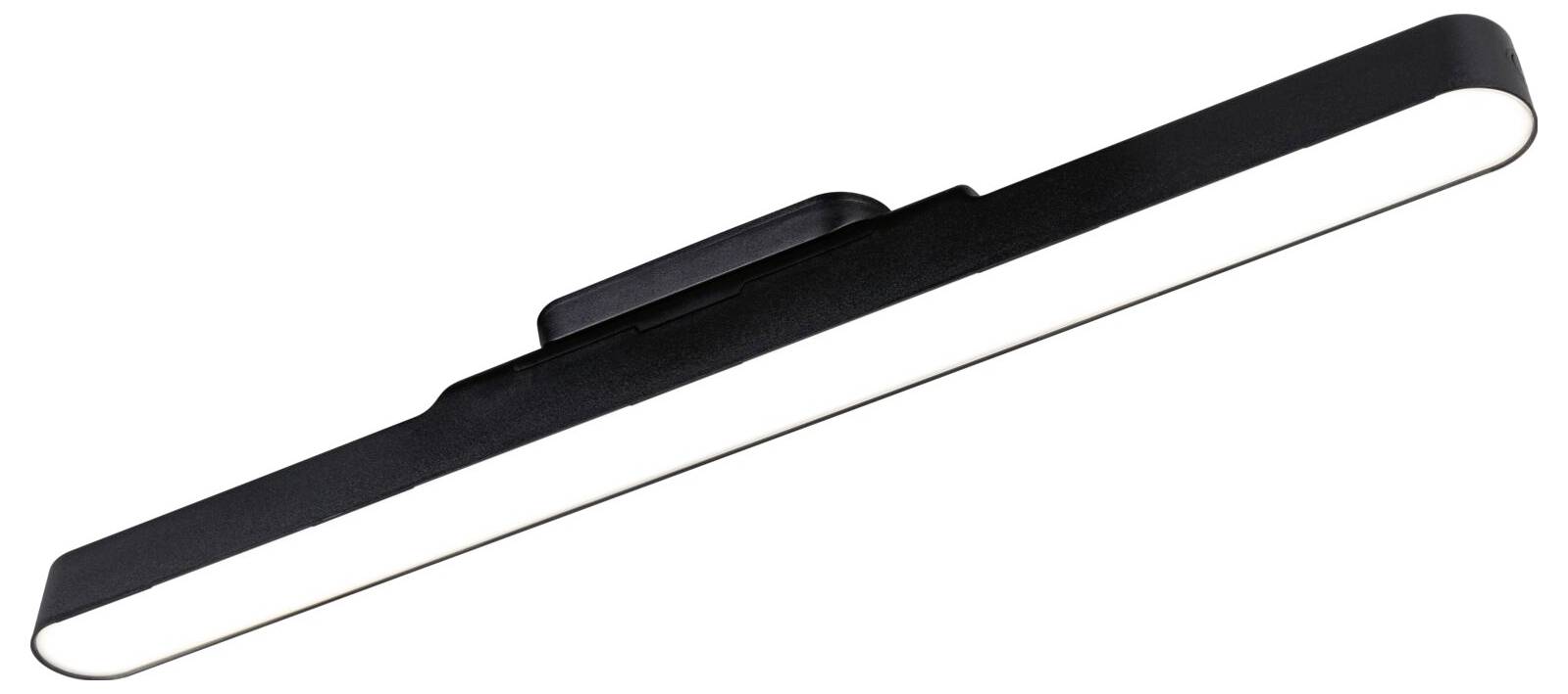 Smukła, prostokątna lampa LED skierowana w poziomie. Posiada czarną ramę i emituje białe światło.