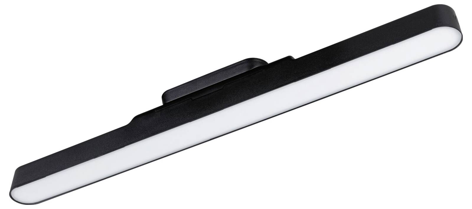 Czarna lampa LED w kształcie prostokąta, nadająca się do montażu ściennego. Prosty, nowoczesny design, idealna do oświetlenia korytarza.