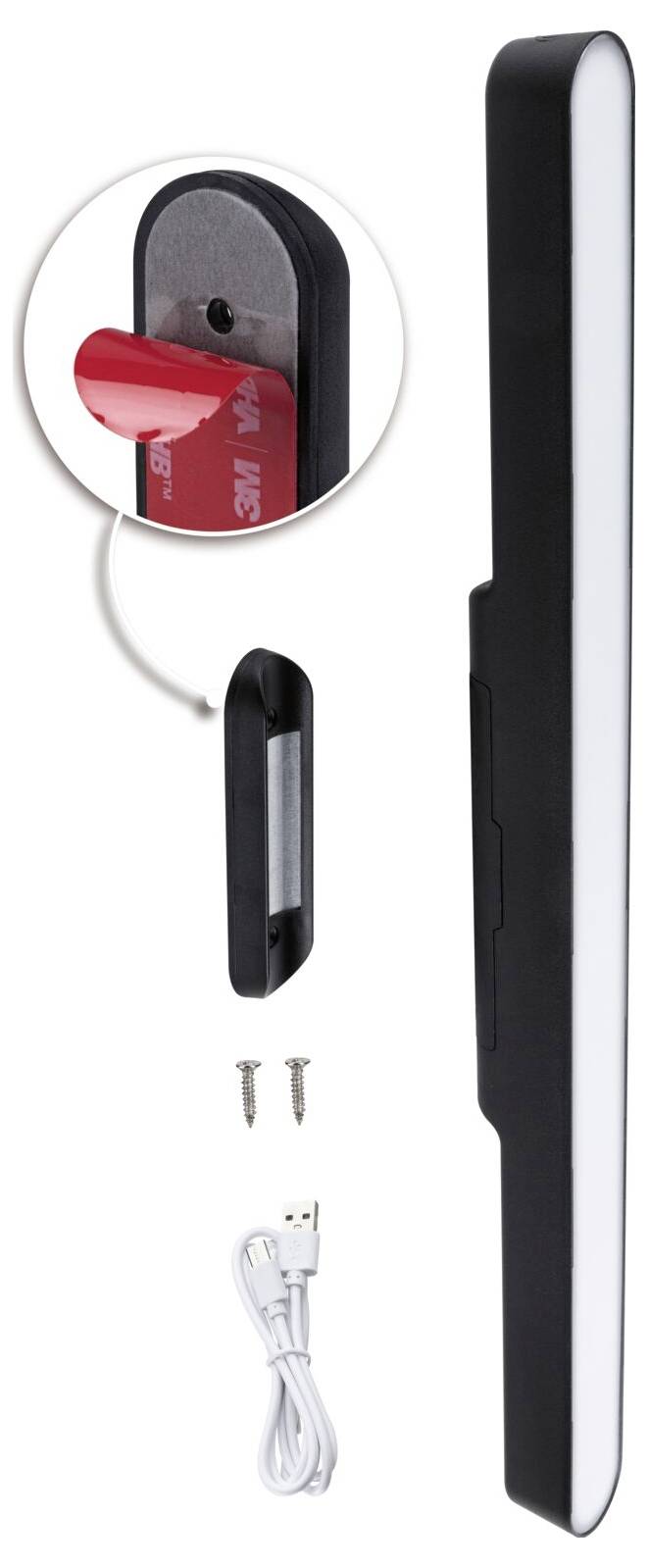 Czarna lampa LED z białą powierzchnią świecącą, uchwyt montażowy, śruby i kabel USB. Szczegółowy widok mocowania klejowego.