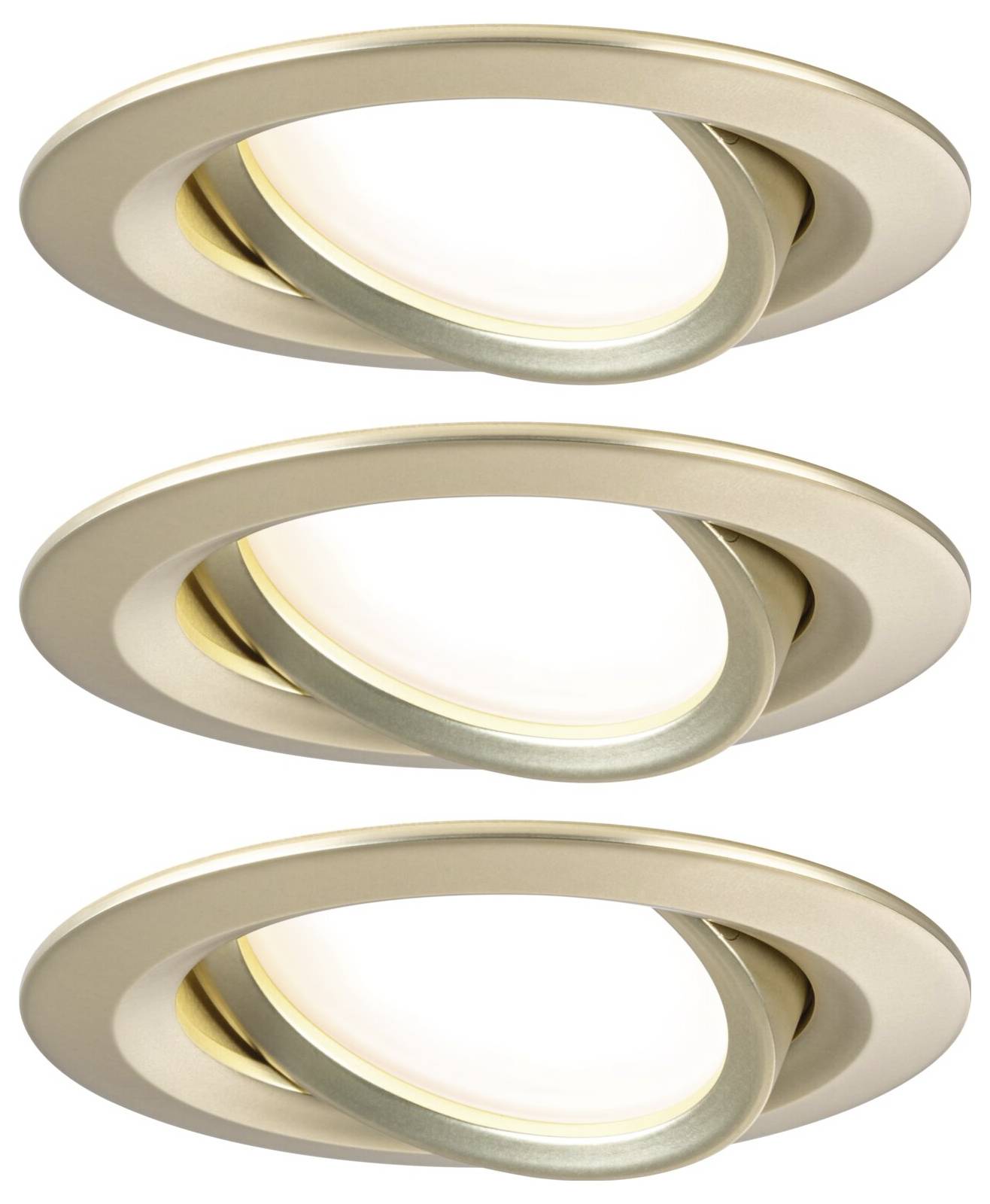 Trzy złote oprawy wpuszczane o różnych kątach nachylenia, prezentujące elastyczne możliwości oświetlenia.