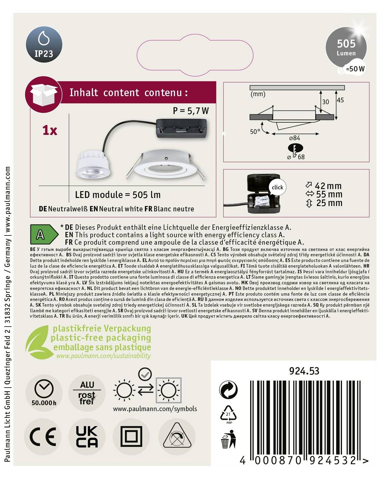 Moduł LED, 505 lumenów, 5,7W, IP23, klasa energetyczna A+. Zawiera schemat elektryczny, wymiary i informacje o zasilaniu. Opakowanie wolne od plastiku.