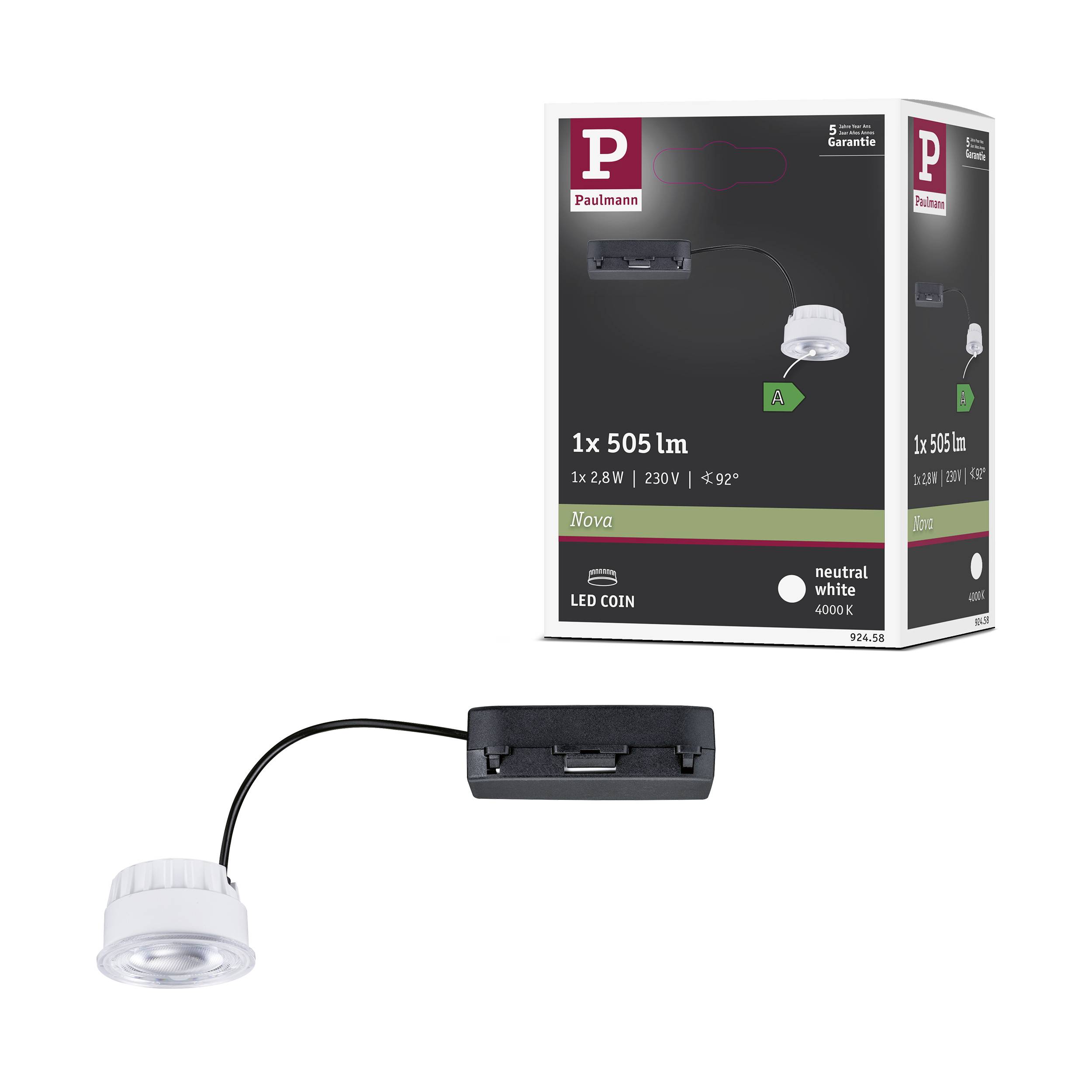 Podszafkowa lampa LED firmy Paulmann, model 'Nova', o neutralnej bieli, o strumieniu świetlnym 505 lumenów, klasa efektywności energetycznej A, przedstawiona z opakowaniem produktu.