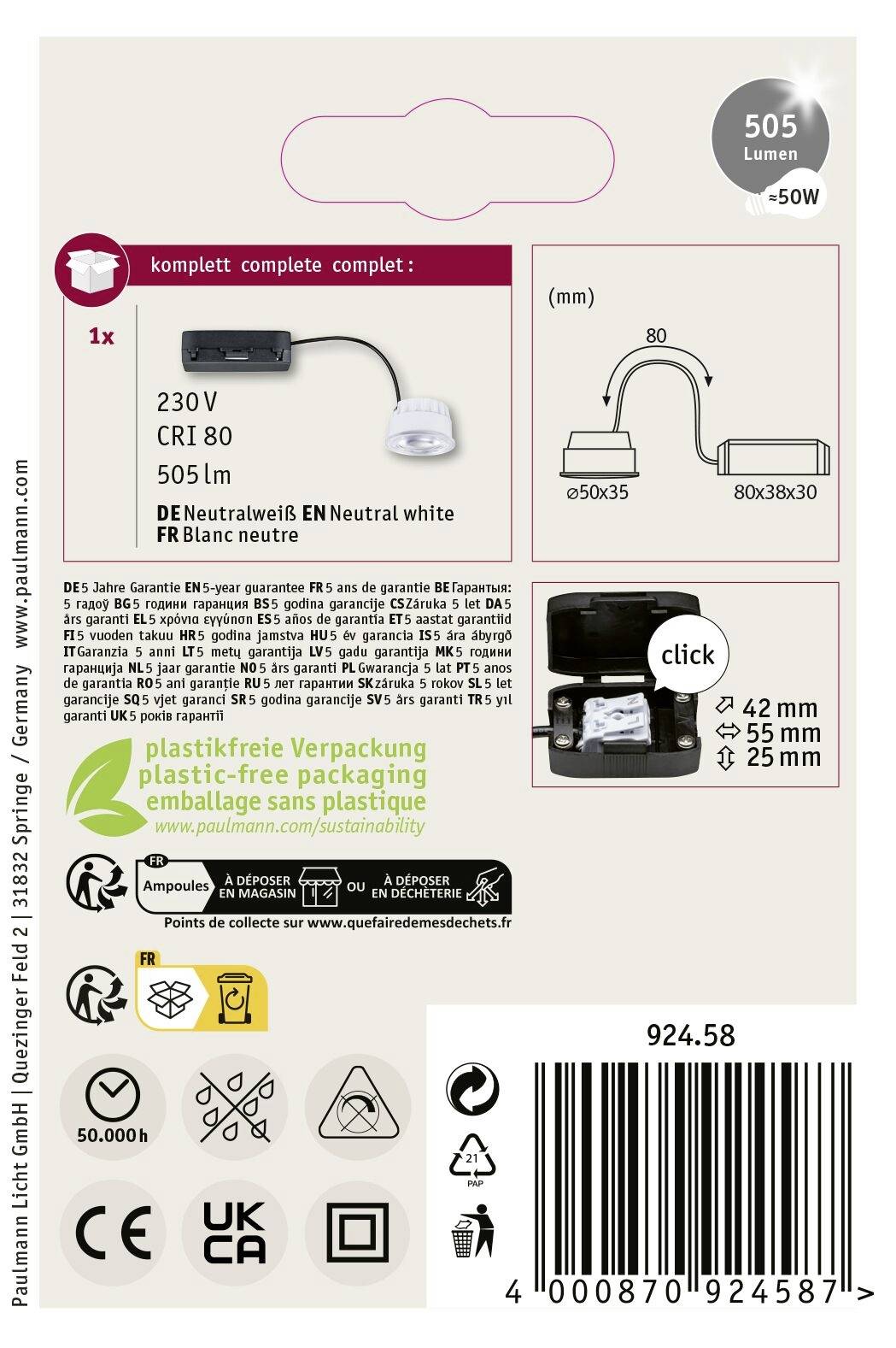 Opakowanie lampy LED o mocy 505 lumenów, 230V, CRI 80. Zawiera piktogramy przedstawiające wymiary, opakowanie nadające się do recyklingu oraz znak jakości.