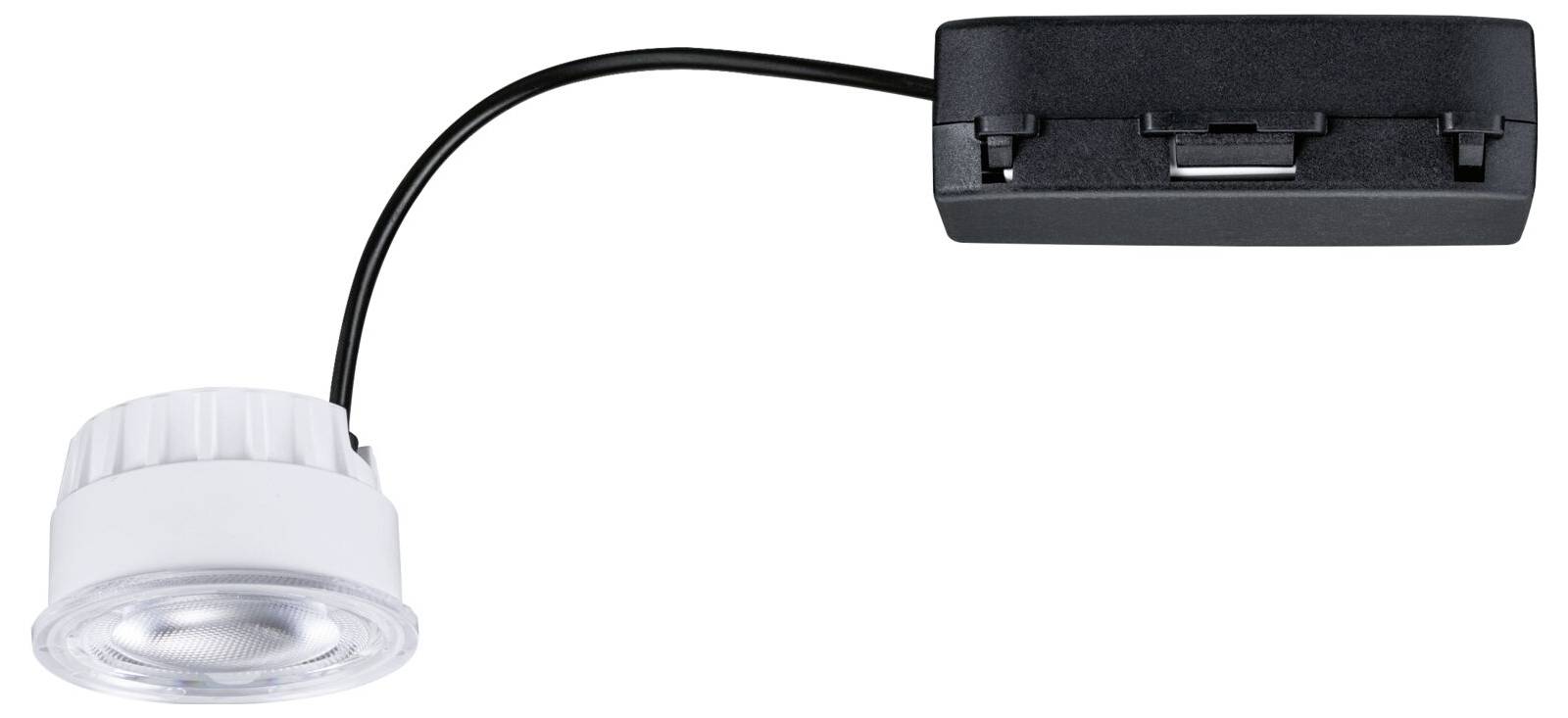 Okrągły, biały reflektor LED połączony krótkim przewodem z czarną obudową. Obudowa jest prostokątna i kompaktowa.