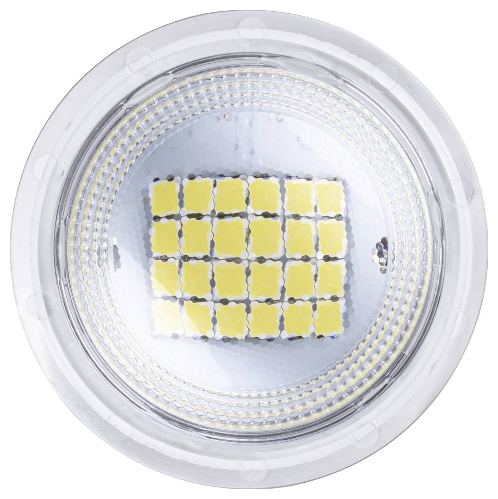 Zbliżenie okrągłej lampy LED z powierzchnią odblaskową i szesnastoma świecącymi żółtymi diodami w centrum.