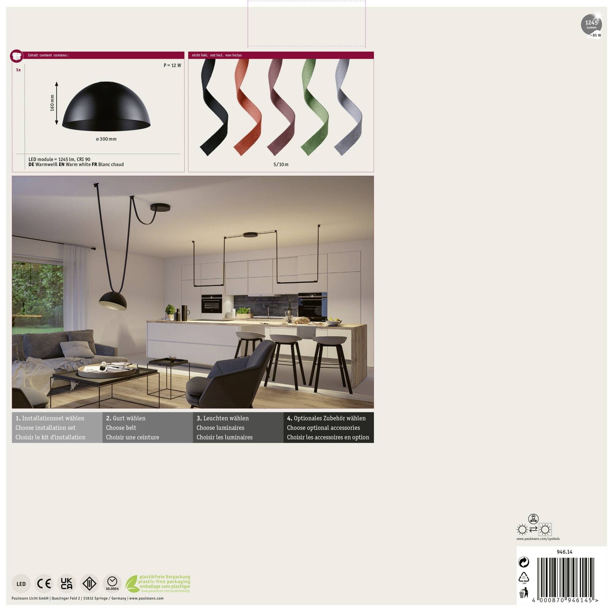 Nowoczesny salon z kuchnią, wiszącą lampą, dużymi oknami, zielonym widokiem i strefą jadalną. Różne projekty kabli przedstawione są powyżej.