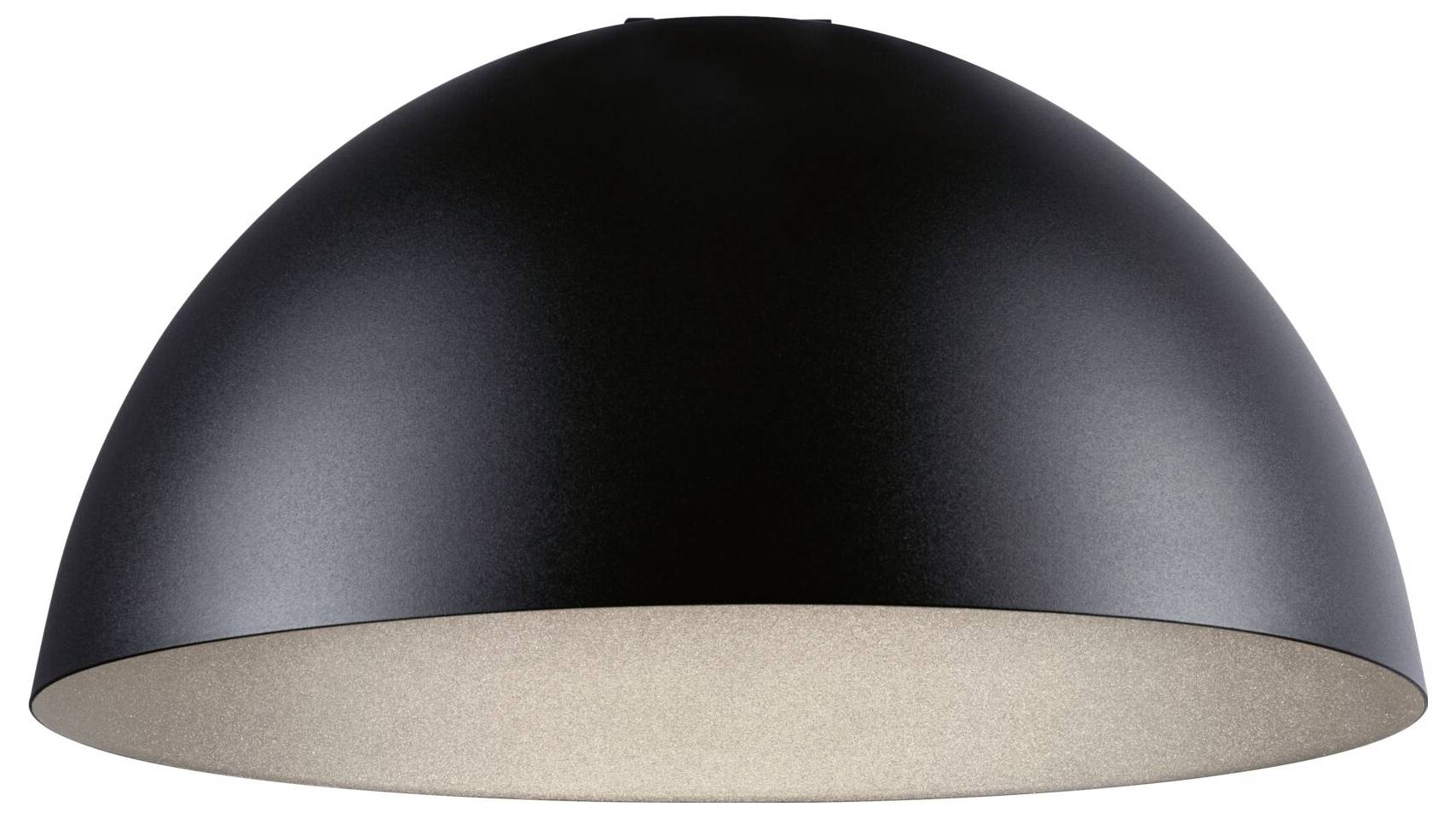 Czarna, półkulista lampa sufitowa z matową powierzchnią i jasnym wnętrzem.