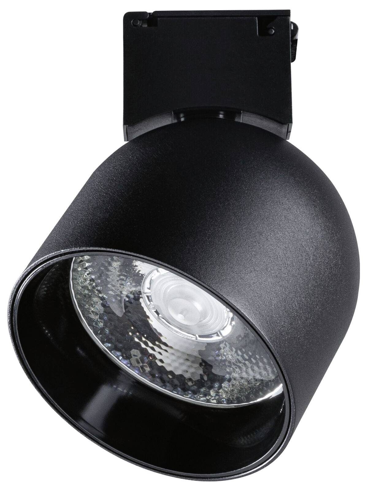 Czarna lampa sufitowa z refleksyjnym wnętrzem i centralnym źródłem światła, idealna do nowoczesnego oświetlenia wnętrz.