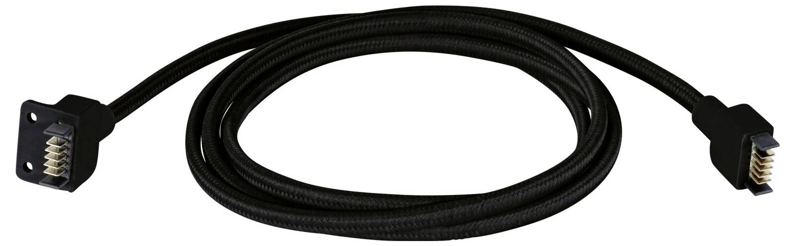 Czarny, pleciony kabel z dwoma prostokątnymi złączami na każdym końcu, odpowiedni do połączeń elektrycznych lub technicznych.