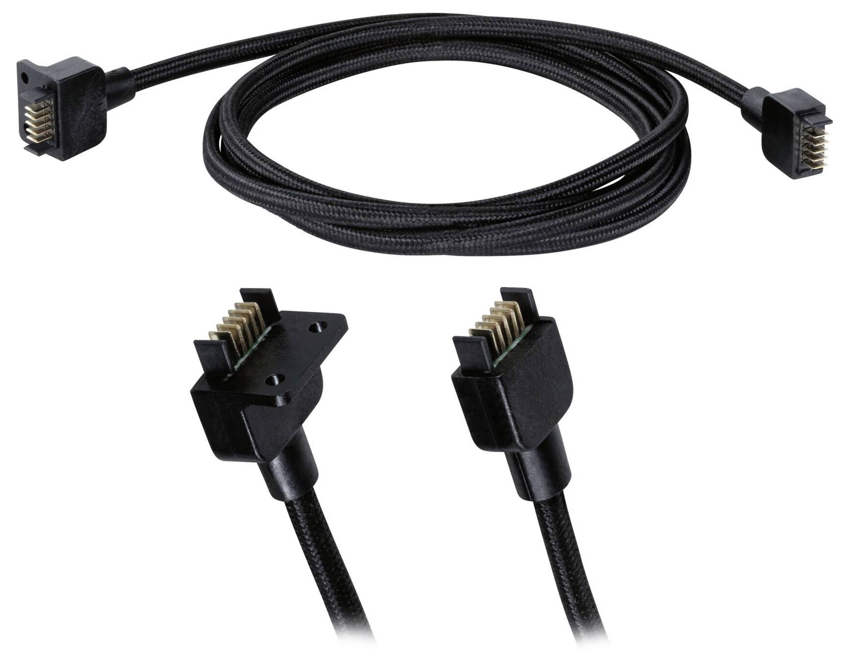 Czarny, pleciony kabel przyłączeniowy z prostokątnymi złączami na obu końcach, odpowiedni do połączeń elektronicznych urządzeń.