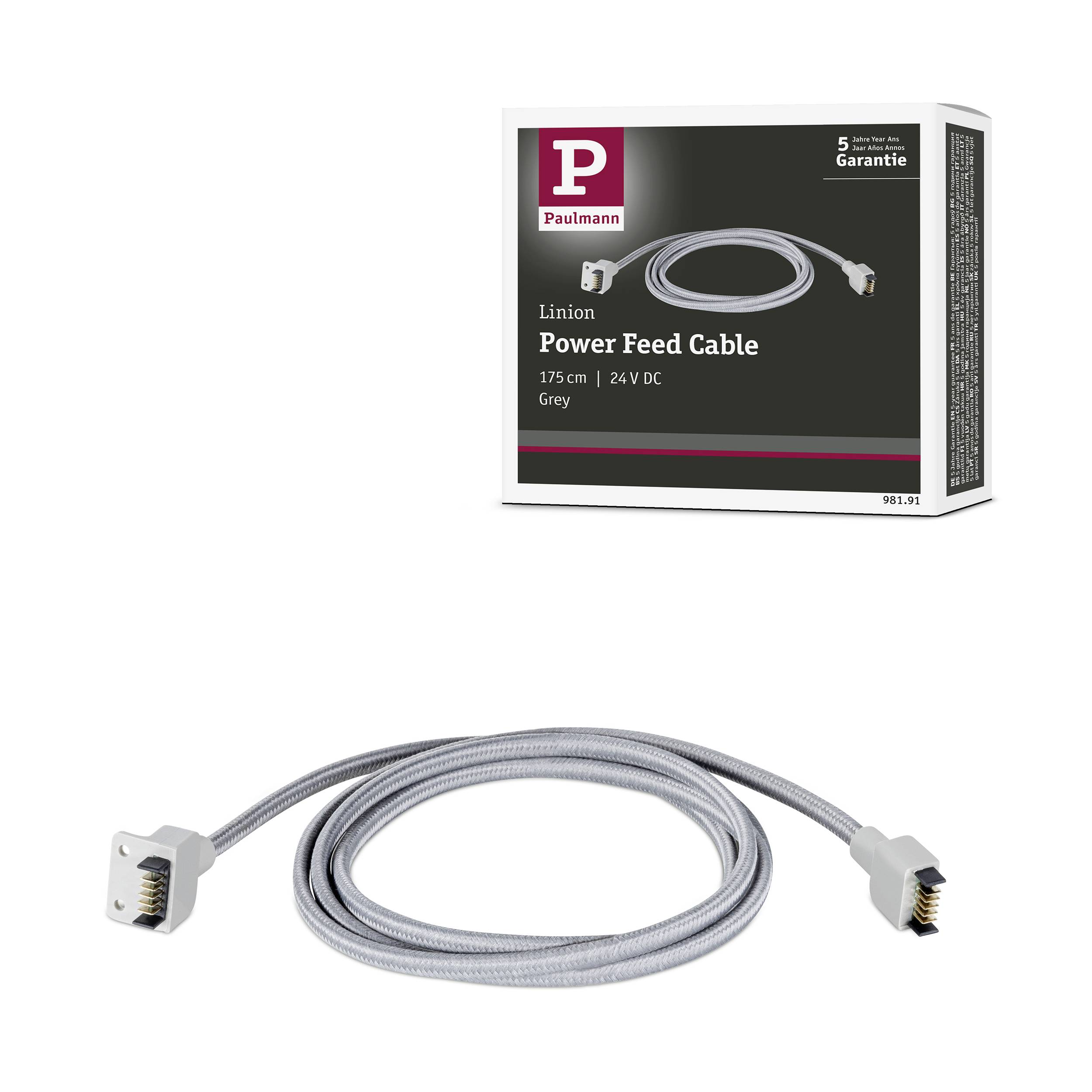 Szary kabel zasilający 'Power Feed Cable' o długości 175 cm, 24 V DC, zapakowany w pudełku firmy Paulmann. Kabel wyposażony w wtyczkę na każdym końcu.