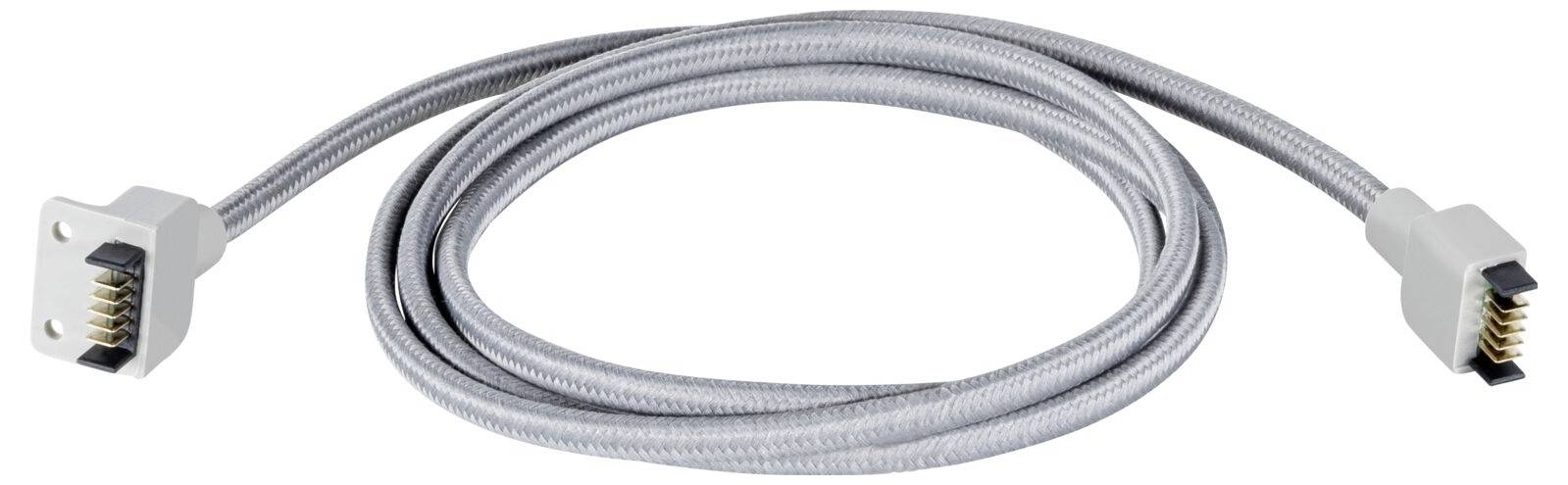 Srebrny, pleciony kabel z dwoma prostokątnymi złączami, używany do podłączania urządzeń elektronicznych.