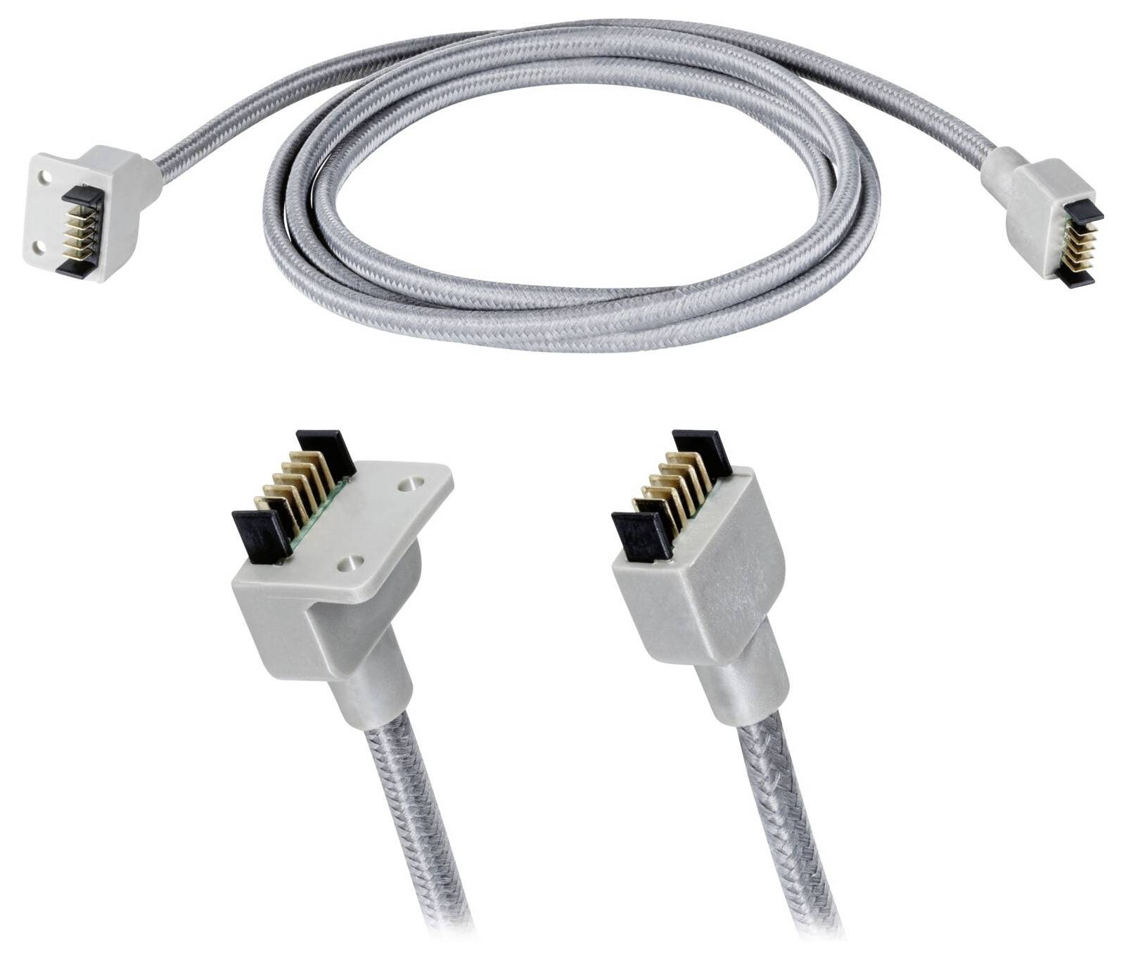 Srebrny, pleciony kabel z dwoma różnymi złączami. Wygląda na wytrzymały i odpowiedni do specjalnych podłączeń.