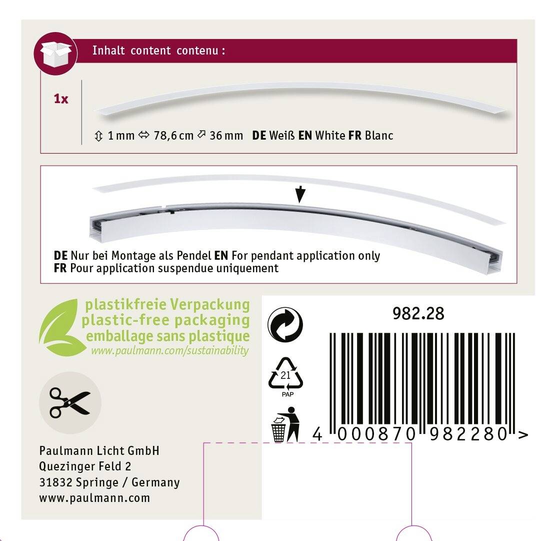 Zawartość: 1x lampa LED, 78,6 cm, 36 mm, biała. Możliwość montażu jako lampa wisząca. Opakowanie wykonane z materiału wolnego od plastiku. Paulmann Licht GmbH, Quedlinburg.