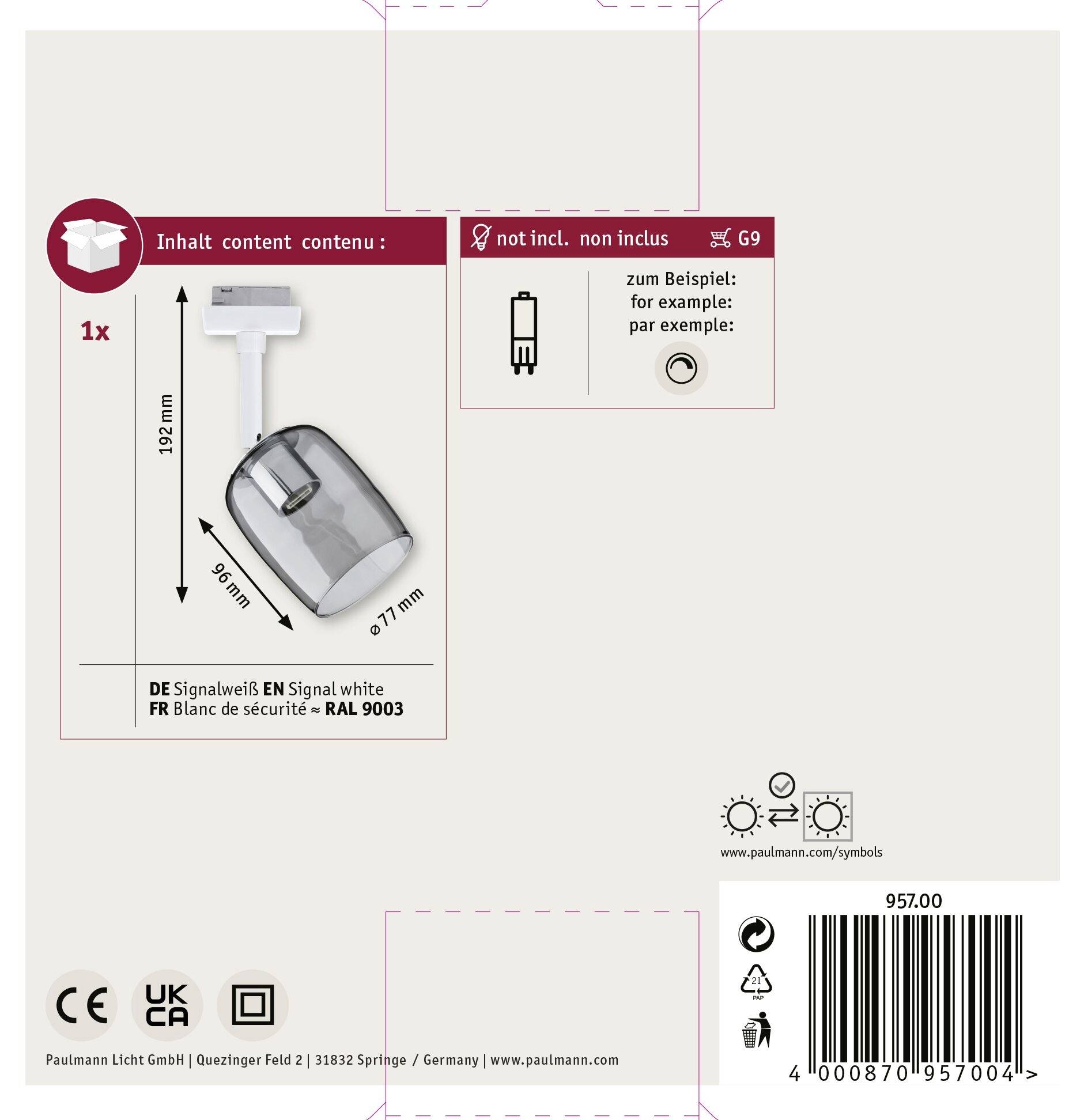 Biały reflektor sufitowy o wymiarach 192 mm. Zawiera szczegóły modelu w różnych językach i kod koloru RAL 9003.