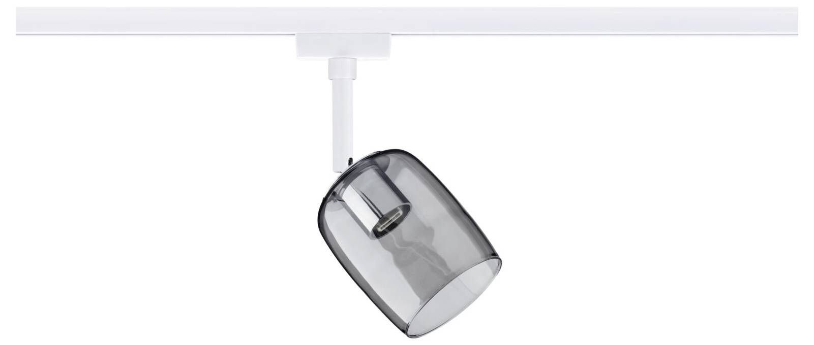 Czarny reflektor sufitowy na białej szynie, obrotowy, do kierunkowego oświetlenia w nowoczesnych pomieszczeniach mieszkalnych.