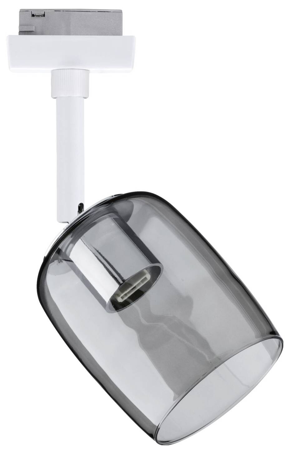 Lampa sufitowa z obrotowym, cylindrycznym kloszem w odcieniu szarości, zamocowana na białej podstawie.