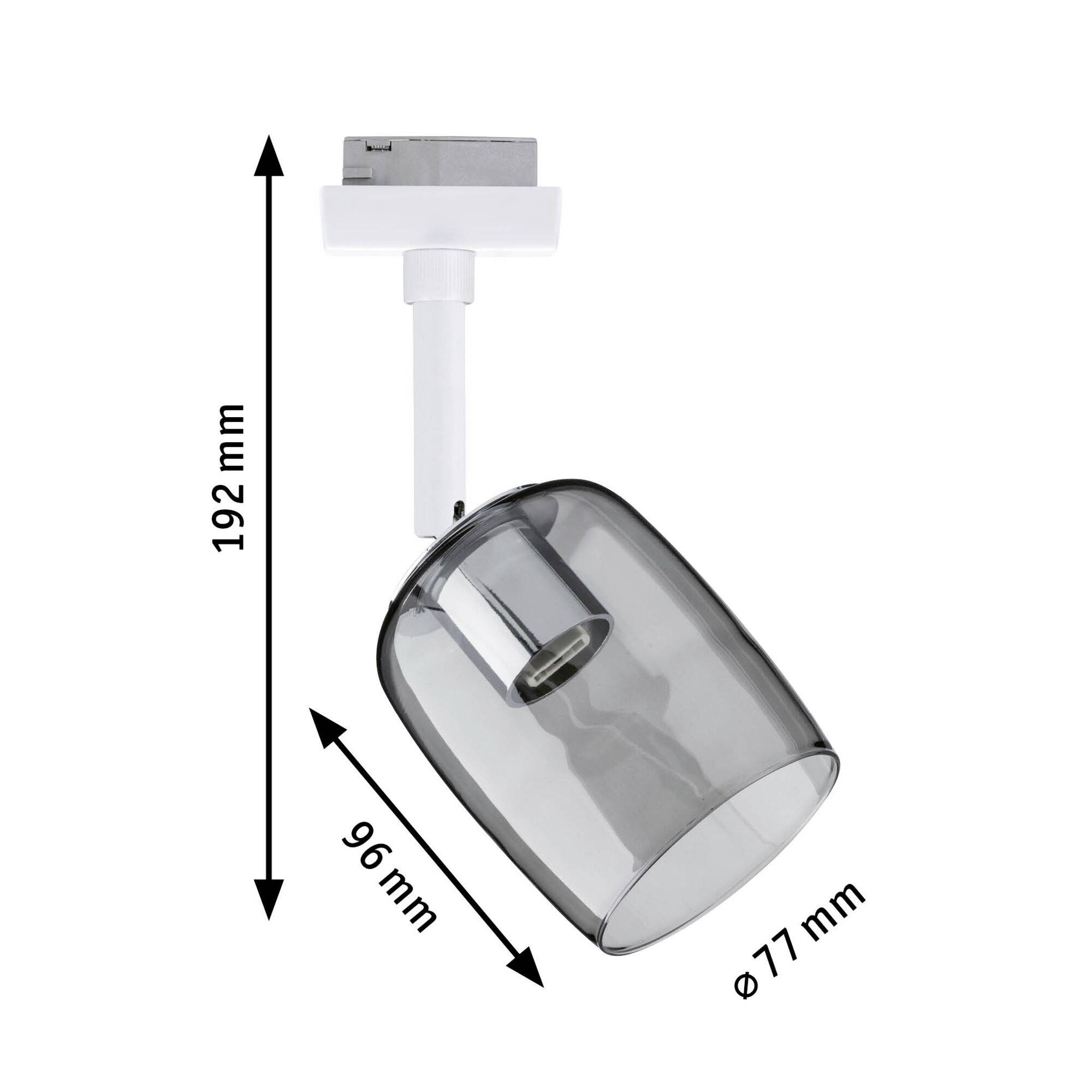 Ilustracja przedstawia regulowany reflektor sufitowy o wymiarach: wysokość 192 mm, szerokość 96 mm, średnica 77 mm.