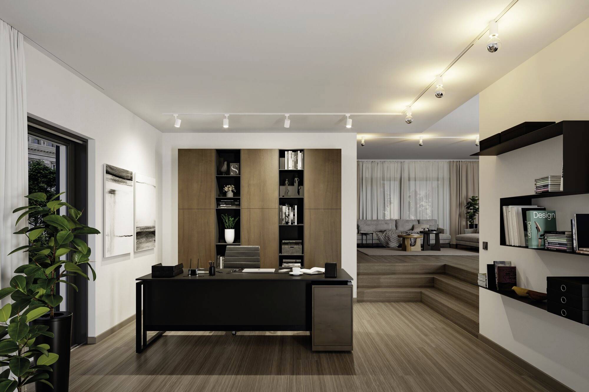 Nowoczesne biuro z biurkiem pośrodku, regałami na książki przy ścianie i rośliną z boku; za nim strefa wypoczynkowa.
