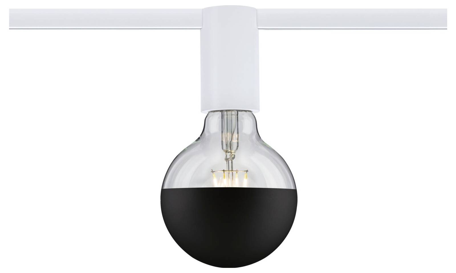 Kula świetlna z czarną i przezroczystą powierzchnią, przymocowana do białej szyny.