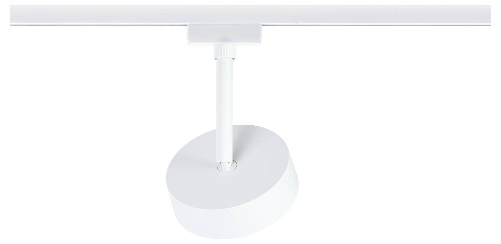 Biała lampa sufitowa z okrągłym kloszem jest zawieszona na szynie.