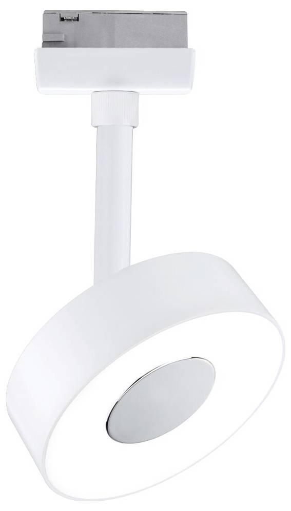 Biała, okrągła lampa sufitowa z regulowaną głowicą i srebrnym akcentem. Idealna do nowoczesnych wnętrz mieszkalnych.