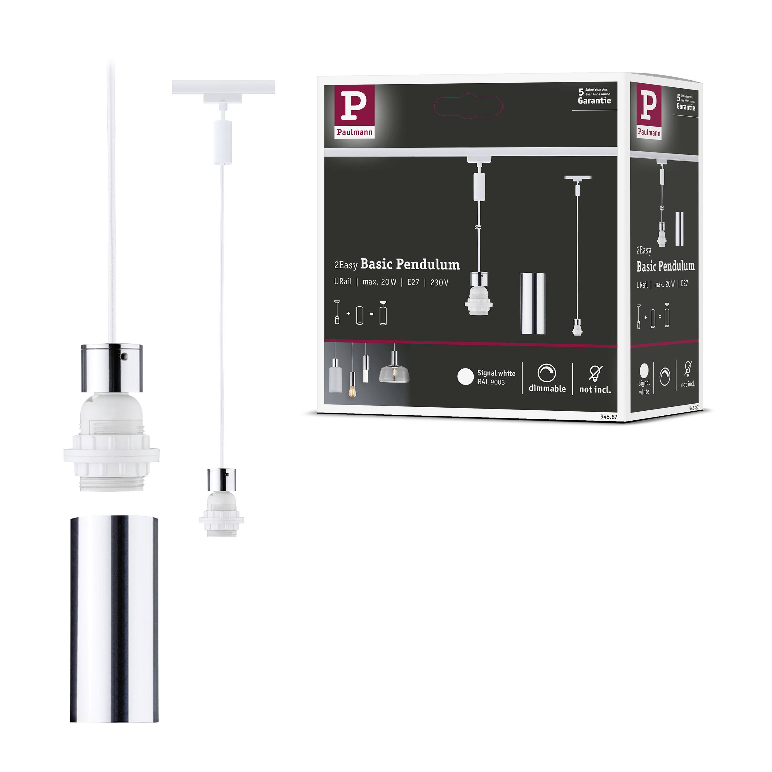 Biała lampa wisząca z oprawką E27, przedstawiona obok jej opakowania. Odpowiednia dla żarówek o mocy maksymalnie 20W/220V, z możliwością ściemniania.