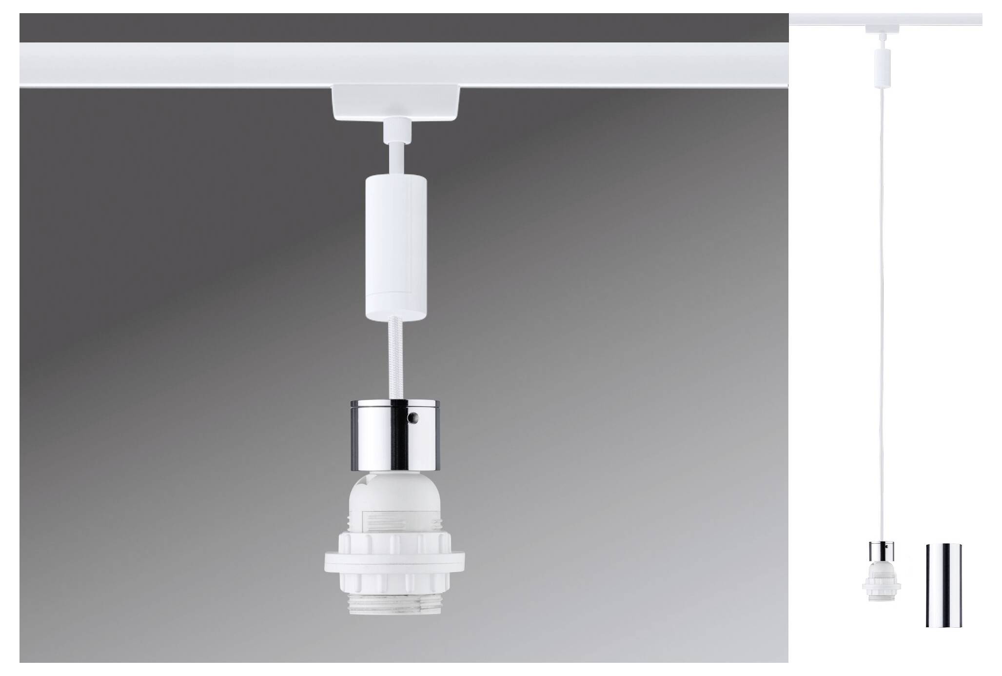 Biała oprawka lampy z adapterem do systemu szynowego, w kształcie prostokąta, odpowiednia do zawieszanych instalacji oświetleniowych.