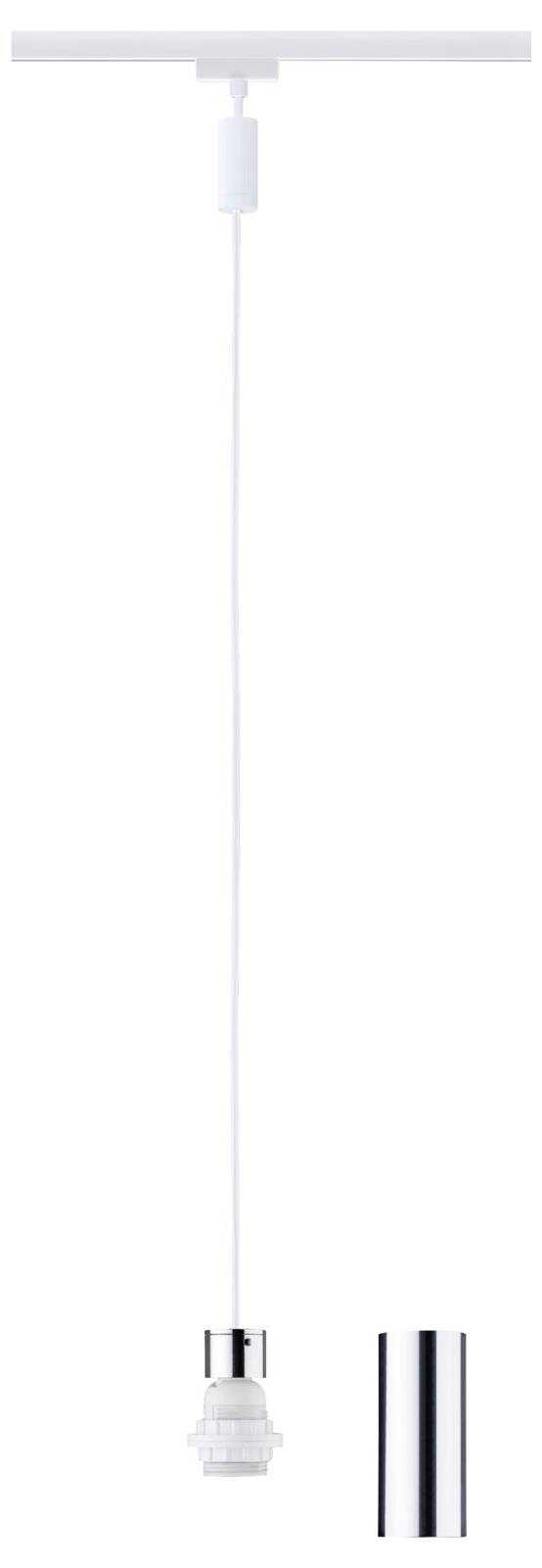 Biała, wisząca lampa sufitowa z srebrną podstawą, zawieszona na długim przewodzie.
