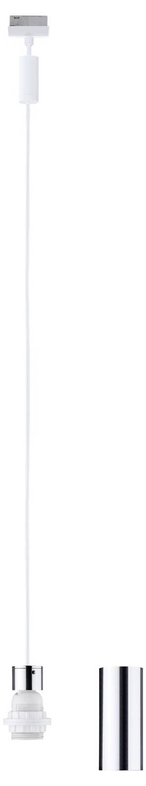 Biała wisząca lampa z srebrnym akcentem i zdejmowanym kloszem cylindrycznym, idealna do nowoczesnych wnętrz.