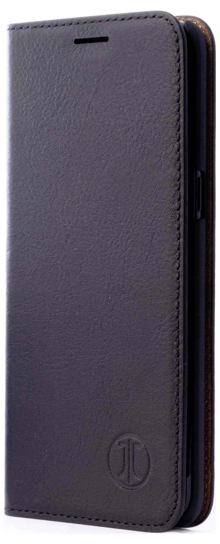 Ciemna skórzana torba na smartfona, stojąca, z wytłoczonym logo.