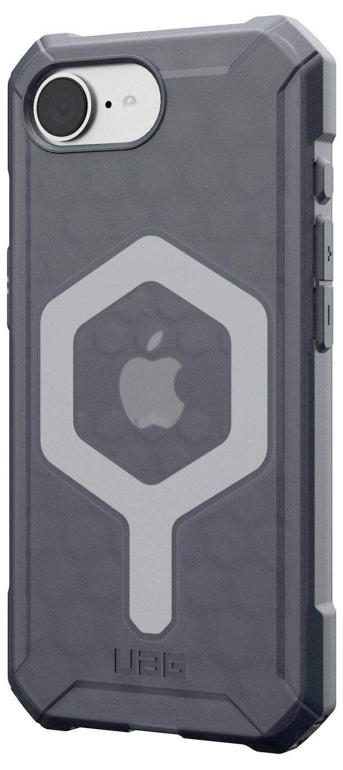 Etui ochronne do smartfona o wytrzymałej konstrukcji, w kolorze szarym, z dużym, białym, stylizowanym logo jabłka na tylnej stronie.