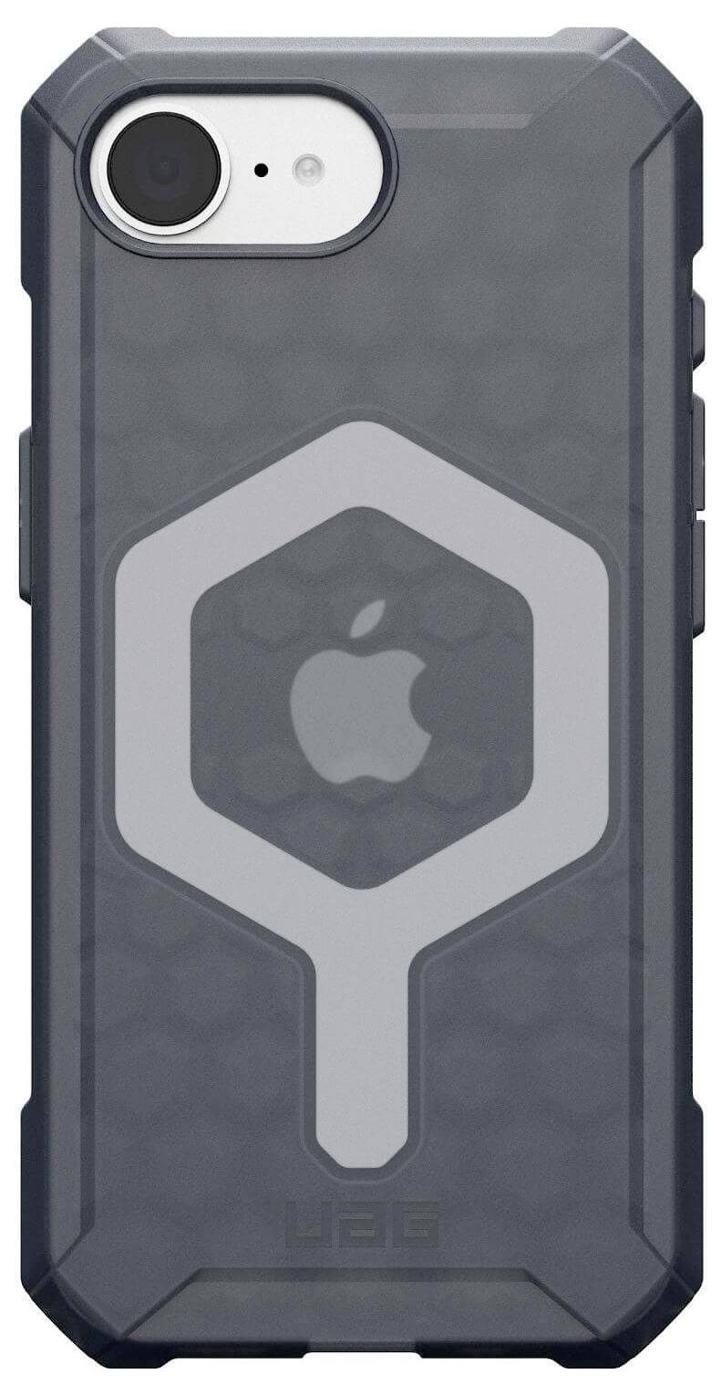 Czarne etui na telefon z szarym wzorem sześciokątnym i logo Apple pośrodku. Wytrzymałe i odporne na wstrząsy, zapewniające dodatkową ochronę urządzenia.