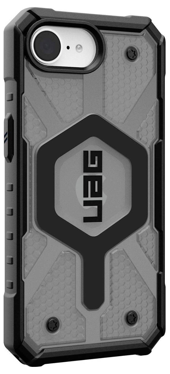 Solidny pokrowiec na smartfona w szaro-czarnym designie, z wyrazistym wzorem i dużym wycięciem na aparat w lewym górnym rogu.