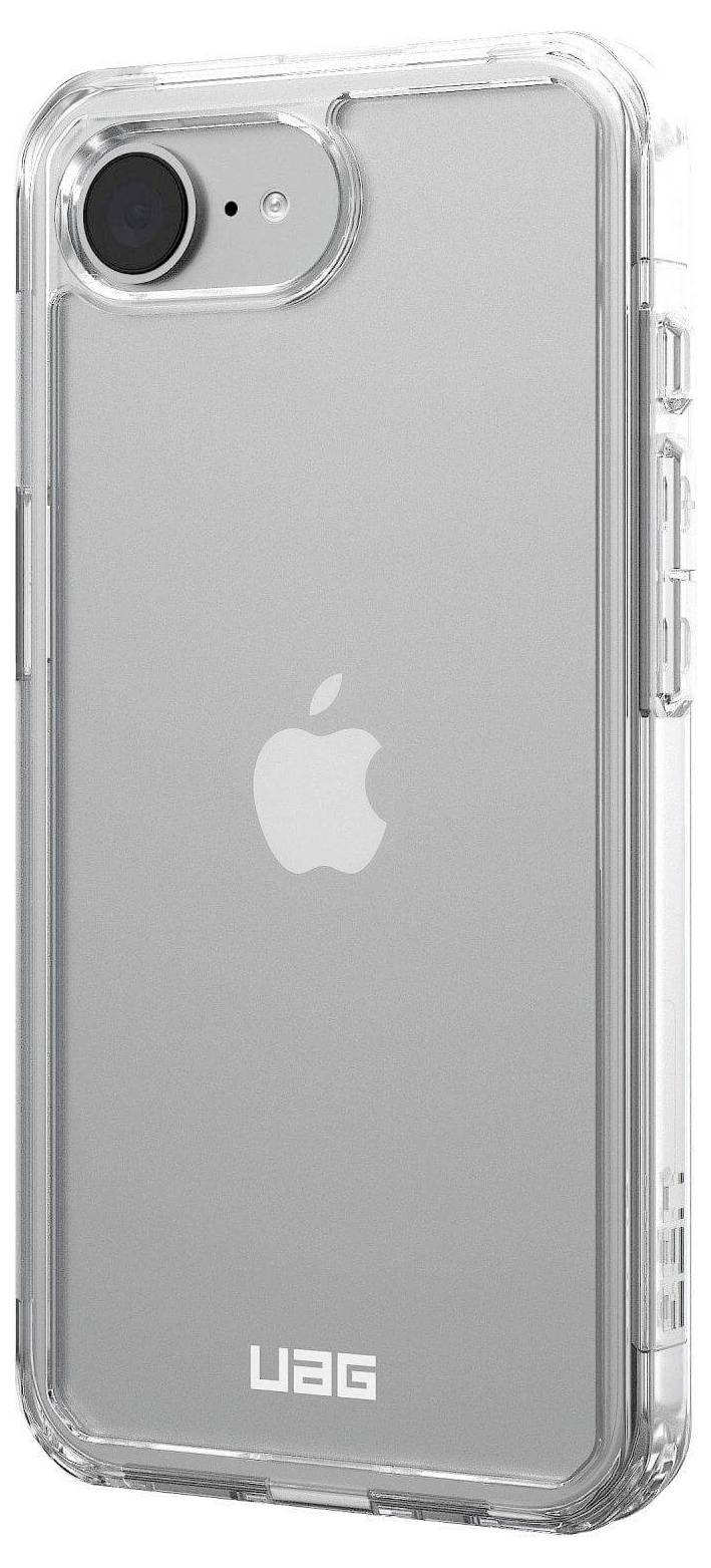 Przezroczyste etui UAG chroni smartfona z logo Apple; obiektyw aparatu i lampa błyskowa są widoczne.