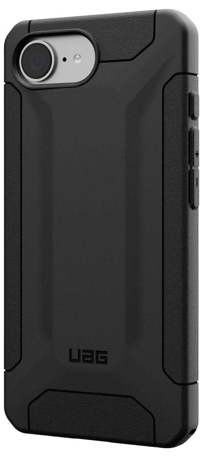 Czarne, wytrzymałe etui na telefon z teksturowaną krawędzią i osłoną przycisków, oznaczone logo 'UAG', zapewnia ochronę smartfonowi.