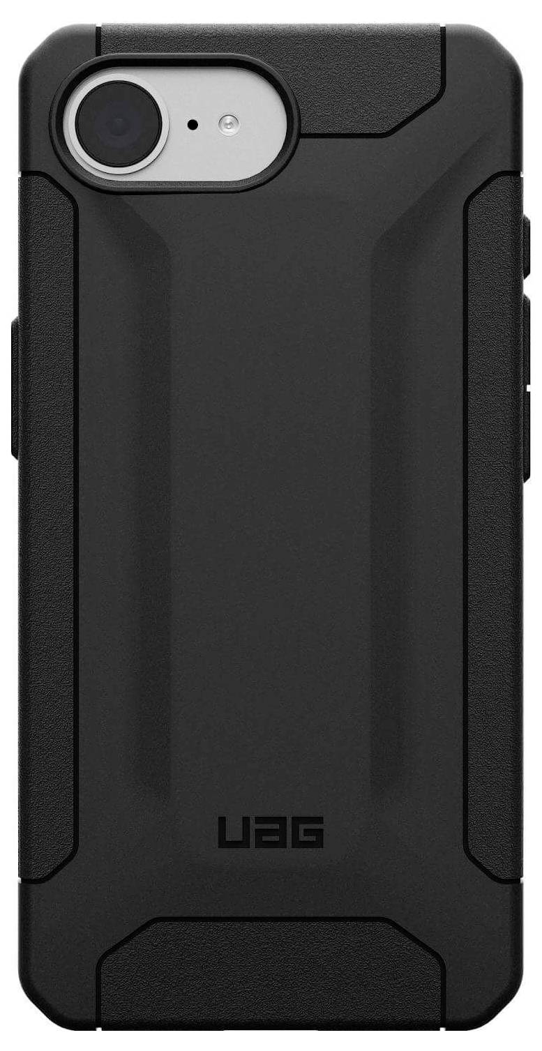 Czarna, wytrzymała obudowa na telefon o strukturowanym wzornictwie z logo UAG, dopasowana do smartfona z aparatem umieszczonym w lewym górnym rogu.