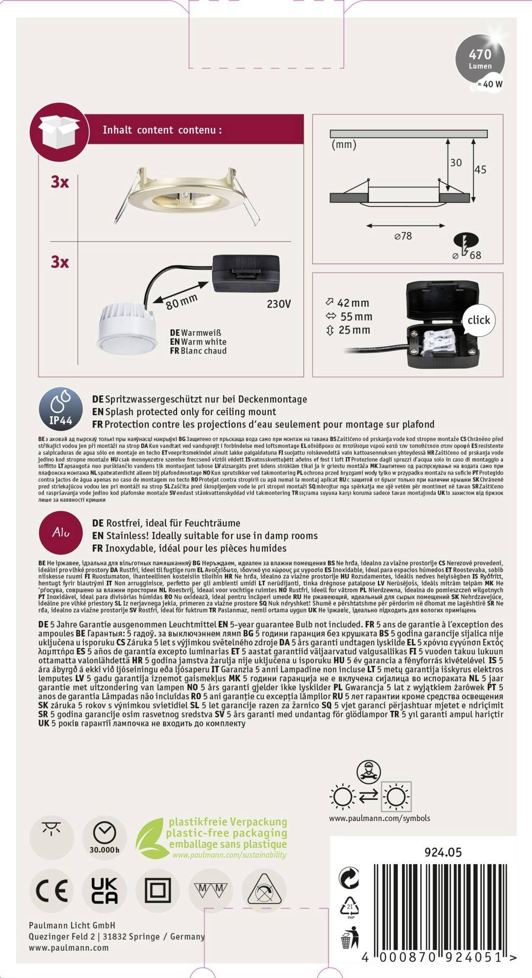 Opakowanie produktu przedstawia lampę sufitową LED, instrukcję montażu, szczegóły techniczne oraz informacje dotyczące bezpieczeństwa.